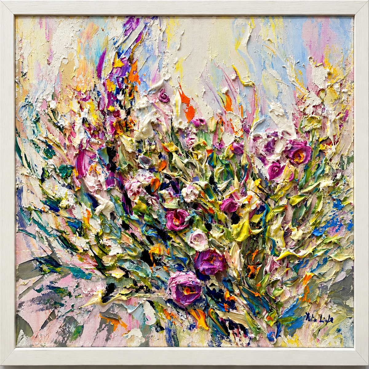 Emotions original floral painting by Yulia Lisle featuring richly textured pink, purple, white and yellow flowers in a white frame.