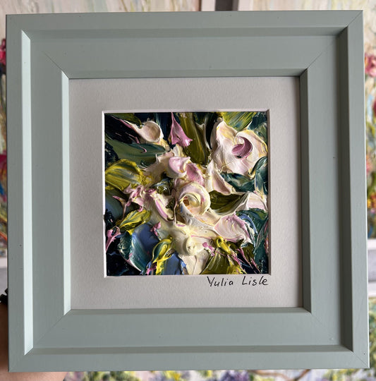 Small framed original impasto oil painting by Yulia Lisle featuring soft cream and blush flowers surrounded by rich green foliage, created with heavily textured palette knife strokes. Artwork by Yulia Lisle and available at The Acor Gallery in Pocklington where you can shop online or call us on 01759 307652. 