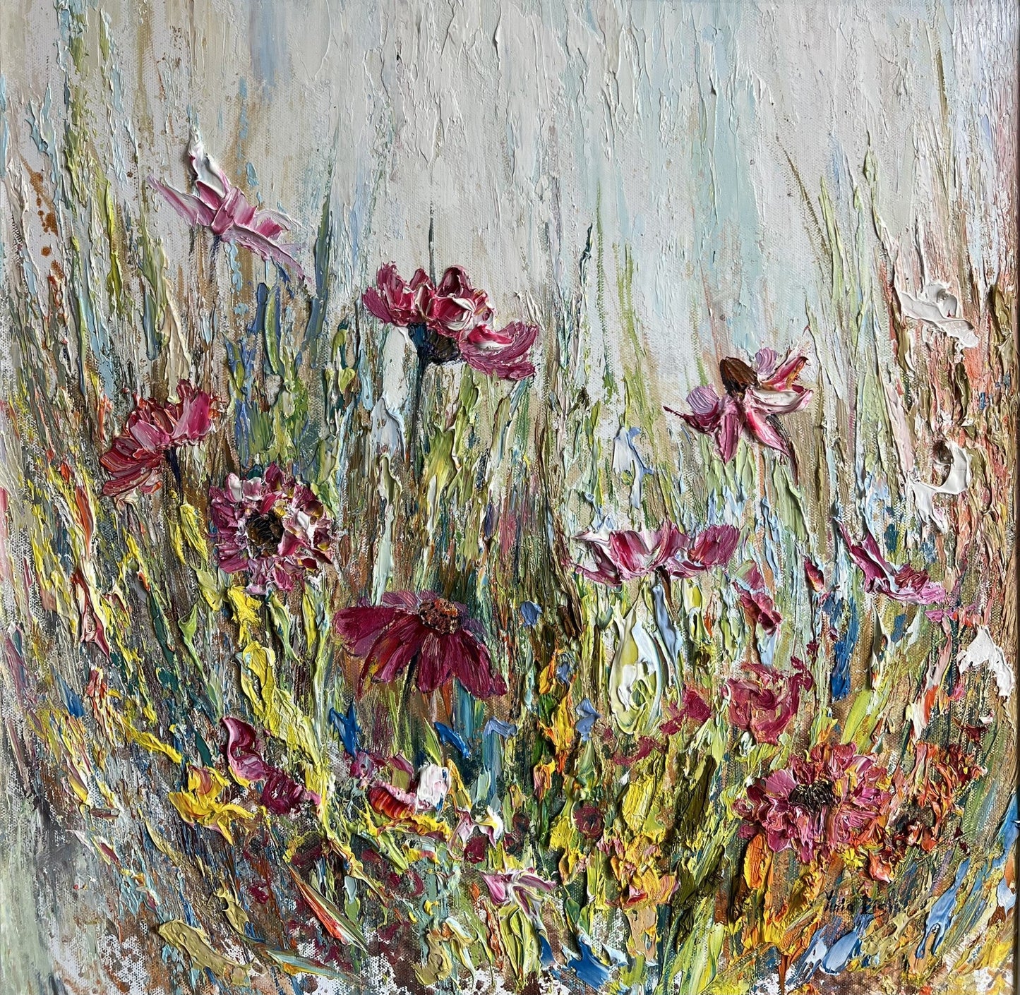 Original textured oil painting of a colourful wildflower meadow with pink, white and yellow blooms against a soft pastel background, created with expressive impasto by Yulia Lisle.
