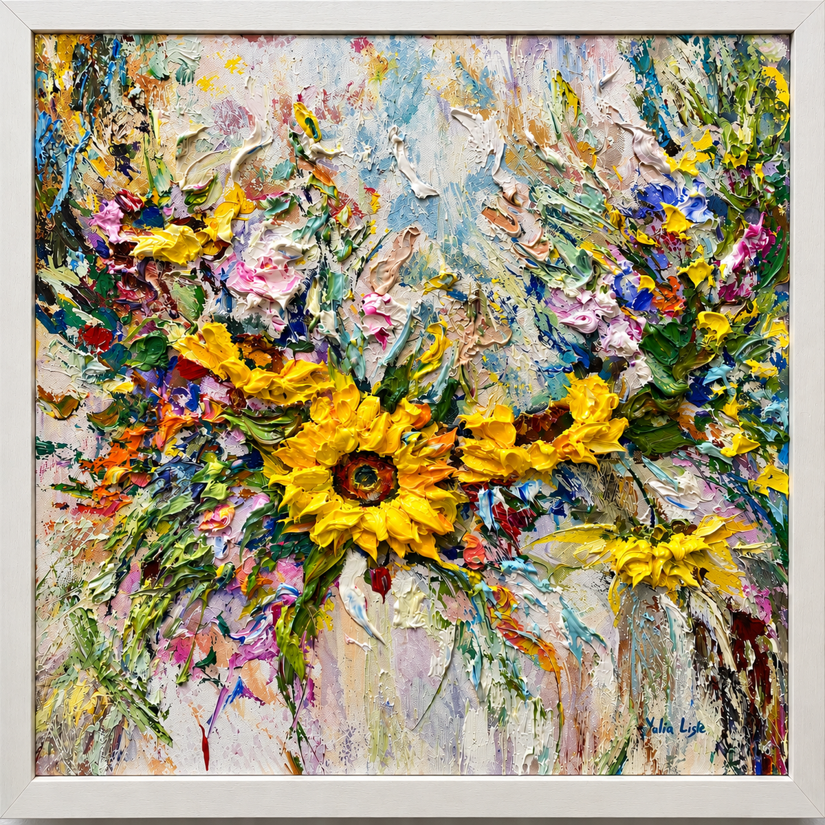 Radiant Resilience original painting by Yulia Lisle featuring richly textured yellow sunflowers surrounded by colourful flowers and foliage in a white frame.