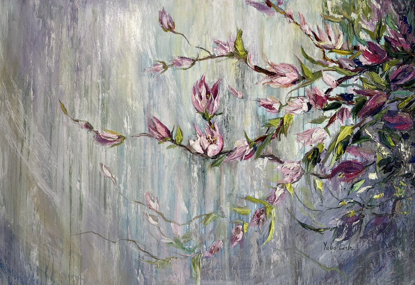 Original textured painting of delicate pink magnolia blossoms against a soft pastel blue and lavender background, created with expressive impasto brushwork by Yulia Lisle.