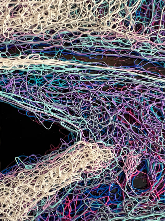 Close up of the Zalini scribble technique as seen in this piece called DJ Ribbit showing at The Acorn Gallery in Pocklington. 