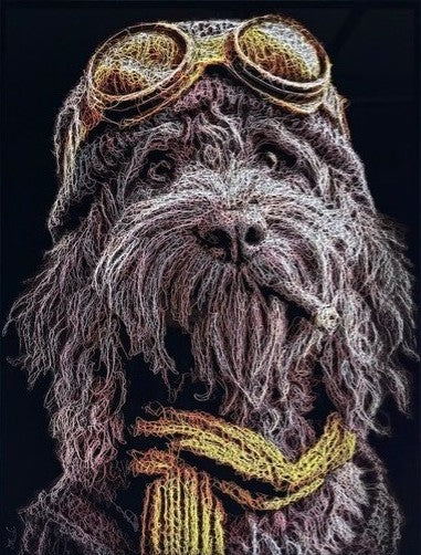 Doodles is a shaggy dog with goggles on his head and a matching yellow scarf. Buy original Zalini Art at The Acorn Gallery, Pocklington. Viist us or shop online or simply call us on 01759 307652. Delivery available.