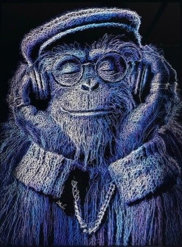 A happpy chimpanzee in headphones listening to music. This Zalini Art Original is available at The Acorn Gallery, Pocklington, Shop Online with Free Secure UK delivery.