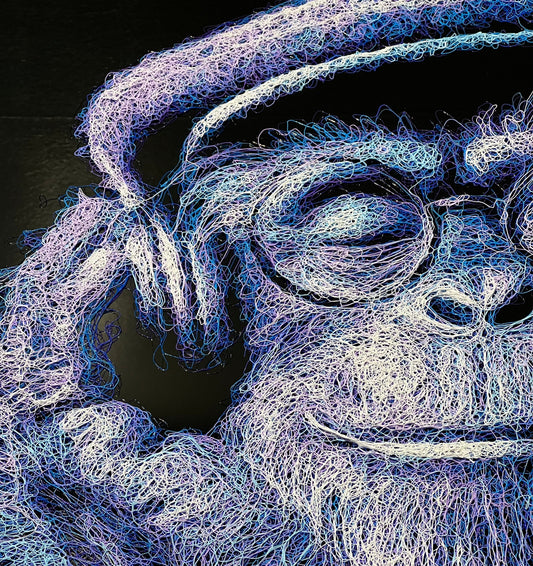 Close up of the Zalini scribble technique as seen in this chimpanzee art by the artist Zalini showing at The Acorn Gallery in Pocklington. 