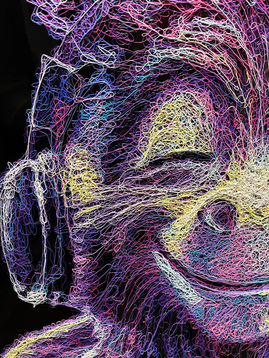 Close up of the Zalini scribble technique as seen on this donkey piece by the artist Zalini showing at The Acorn Gallery in Pocklington. 