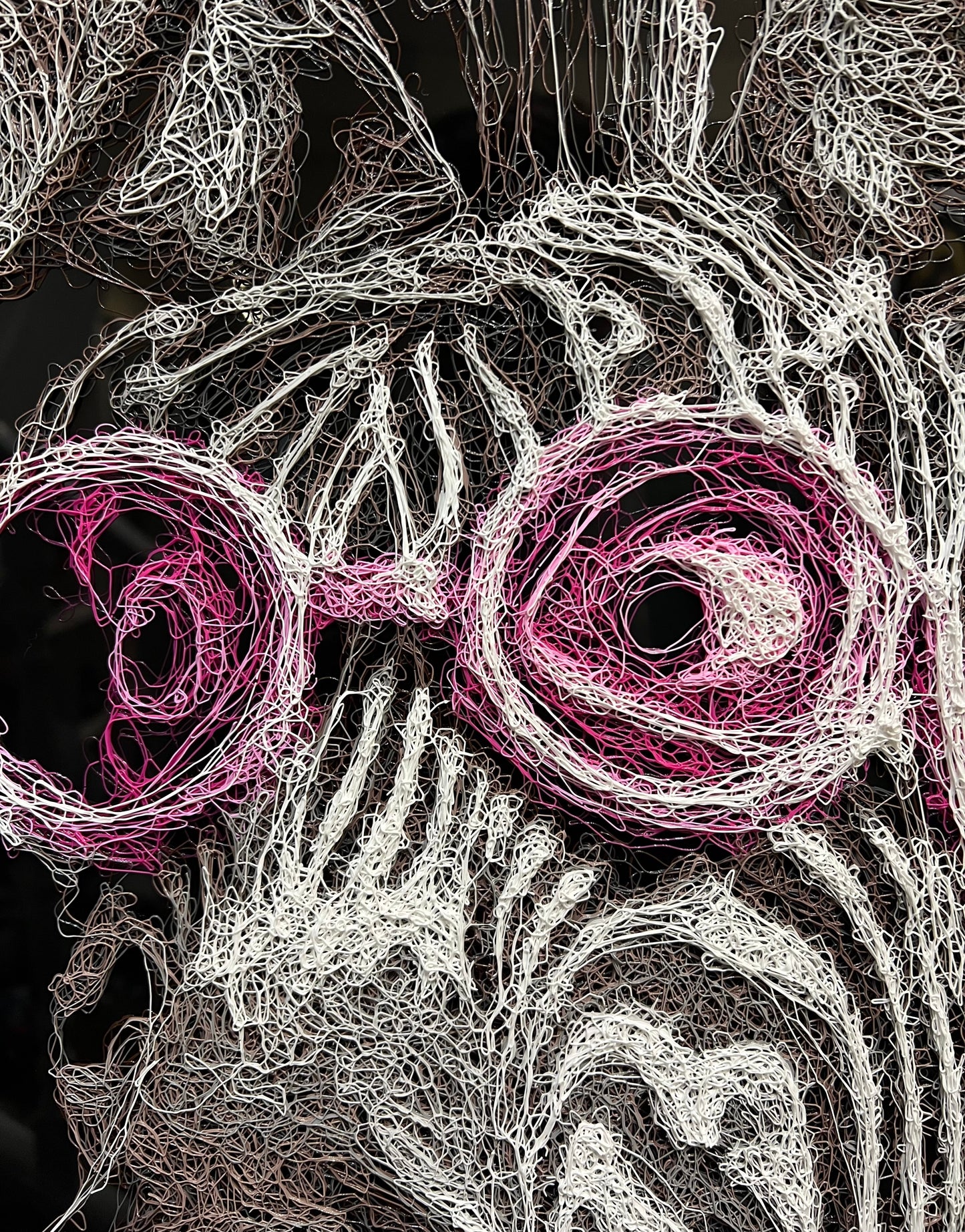 Close up of the Zalini scribble technique as seen in this zebra piece titled partners in crime by the artist Zalini showing at The Acorn Gallery in Pocklington. 