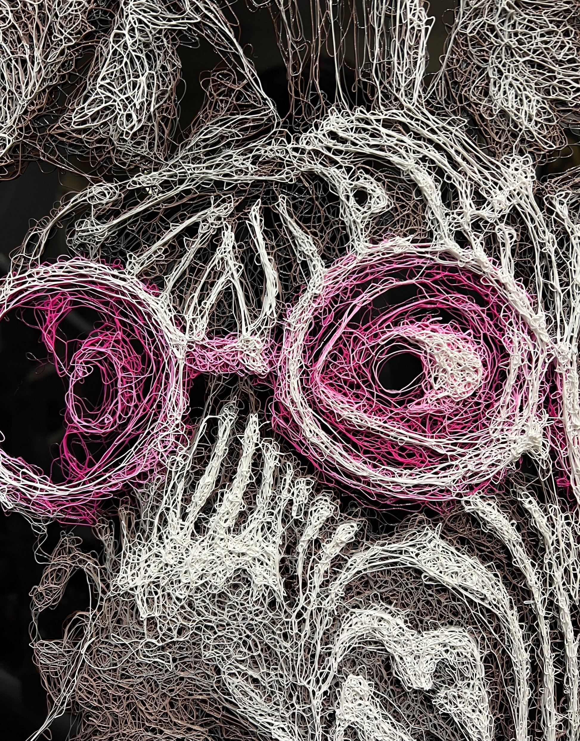 Close up of the Zalini scribble technique as seen in this zebra piece titled partners in crime by the artist Zalini showing at The Acorn Gallery in Pocklington. 