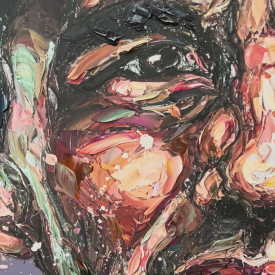 Close up of hand embellished canvas artwork by Paul Oz of F1 driver Ayrton Senna 1985. Available at The Acorn Gallery in Pocklington.