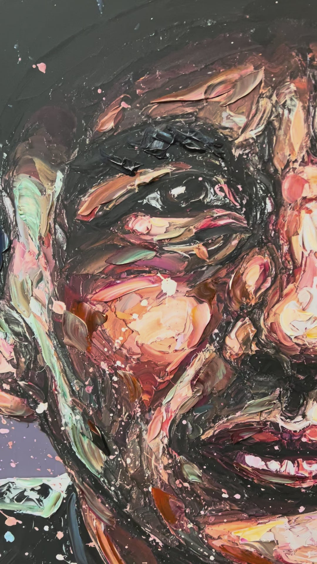 Close up of hand embellished canvas artwork by Paul Oz of F1 driver Ayrton Senna 1985. Available at The Acorn Gallery in Pocklington.