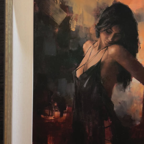 Aubergine Nights by Tony Hinchliffe, a beautiful limited edition canvas print of a young woman with dark hair in a seductive pose. Available from The Acorn Gallery in Pocklington. Order online or call us on 01759 307652. 