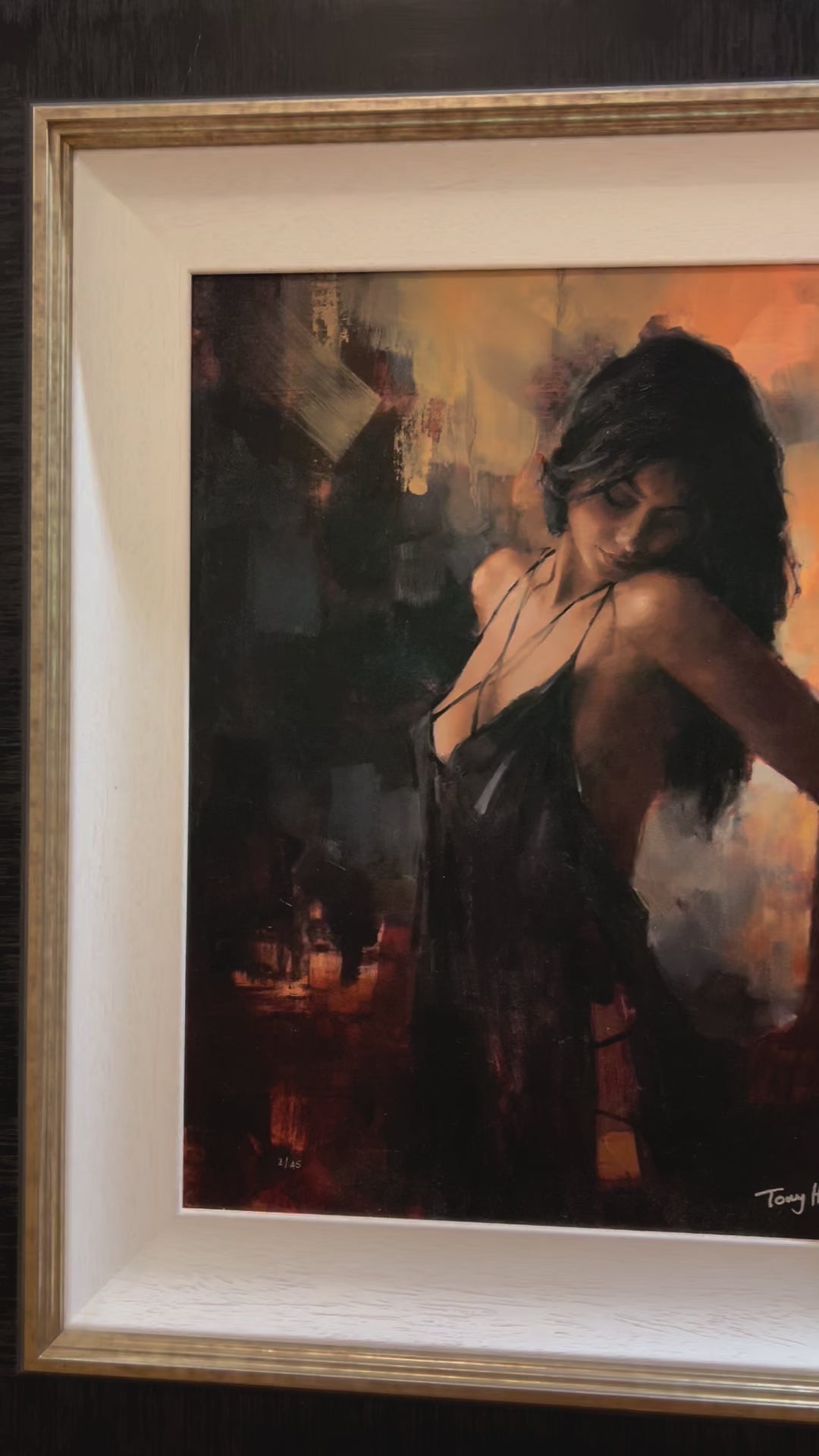 Aubergine Nights by Tony Hinchliffe, a beautiful limited edition canvas print of a young woman with dark hair in a seductive pose. Available from The Acorn Gallery in Pocklington. Order online or call us on 01759 307652. 