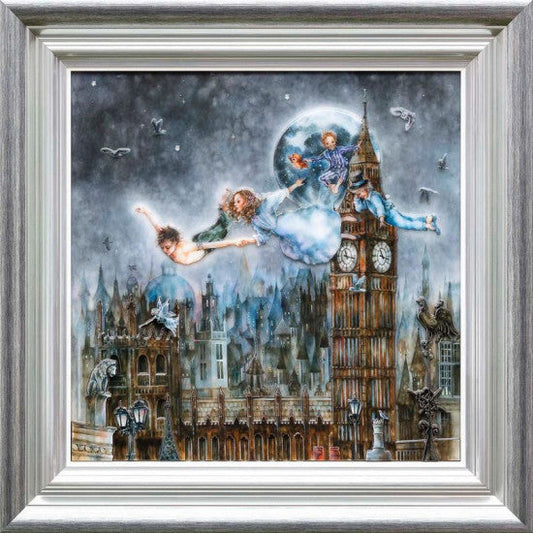 The iconic scene of Peter Pan with Wendy and her brothers flying over London. Second Star to the Right by Kerry Darlingtonis available at The Acorn Gallery with free UK delivery. Shop online or call 01759 307652.