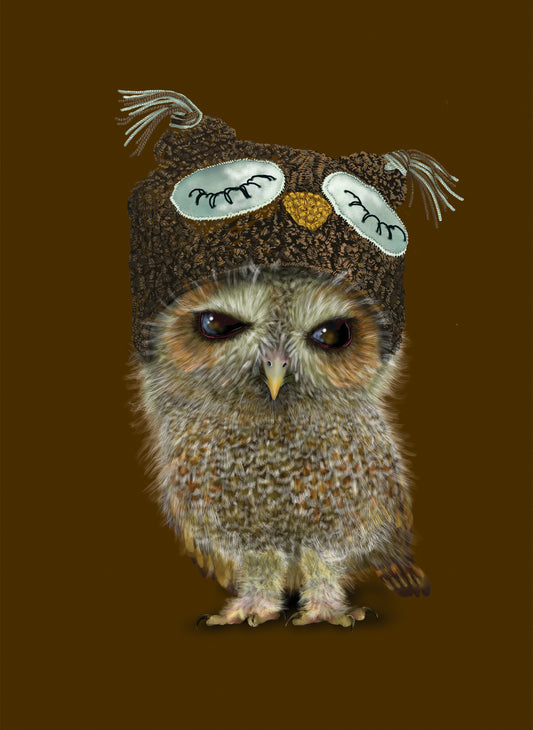 Angus Gardner Humiliated shows a baby tawny owl wearing a handknitted owl hat. Artwork by Angus Hardner and available at The Acorn Gallery, Pocklington Tel: 01759 307652.