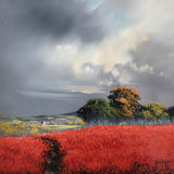 Beautiful original painting of red fields with a distant tree line and a moody and darkening sky original painting by Allan Morgan