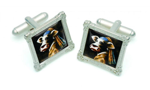 Cow With The Pearl Earring Cufflinks by Caroline Shotton-Cufflinks-The Acorn Gallery