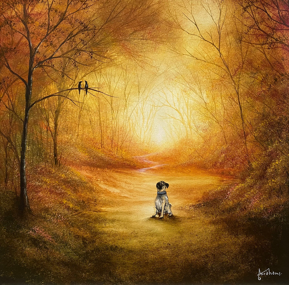 Making Friends original oil painting by Danny Abrahams featuring a dog and birds in a golden autumn forest path