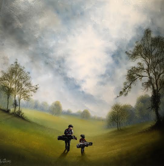 Oil painting by Danny Abrahams depicting two golfers walking across rolling green hills beneath a cloudy sky and trees.