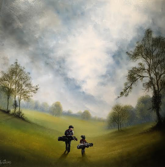 Oil painting by Danny Abrahams depicting two golfers walking across rolling green hills beneath a cloudy sky and trees.