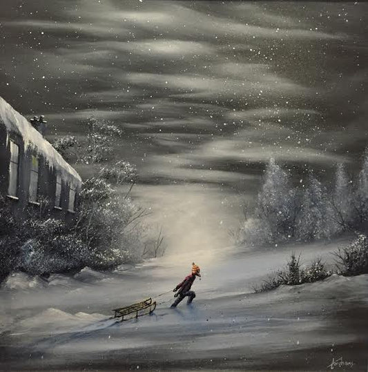 Original oil painting by Danny Abrahams, a child pulling a sled through a snowy monochrome winter scene.