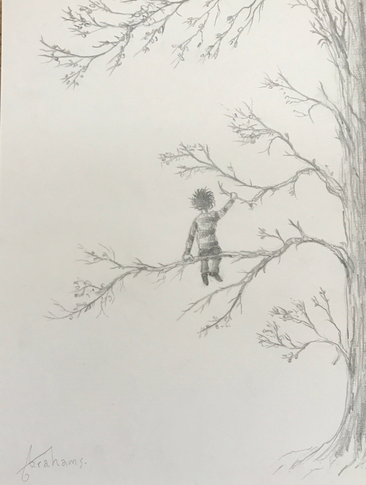 Pencil sketch by Danny Abrahams showing a small figure perched among bare tree branches, hand-signed at the bottom left.
