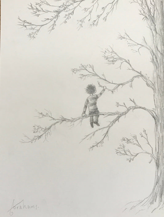 Pencil sketch by Danny Abrahams showing a small figure perched among bare tree branches, hand-signed at the bottom left.