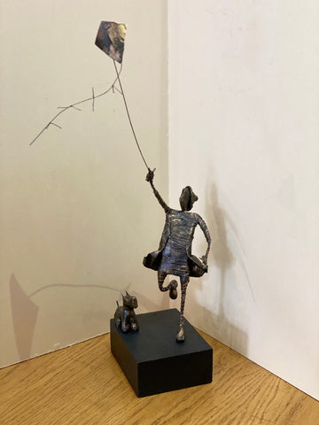 Kite Flying Girl with Dog Original Sculpture by Ed Rust *NEW*-Sculpture-The Acorn Gallery