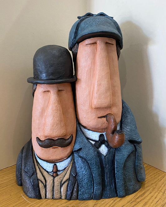 Sherlock Holmes And Dr. Watson Bighead Sculpture by Jenny Mackenzie. Available from The Acorn Gallery in Pocklington. Order online or call us on 01759 307652.