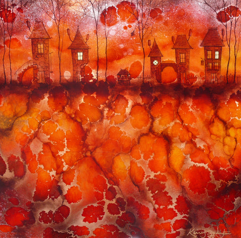 Through The Village Red Original by Kerry Darlington *SOLD*