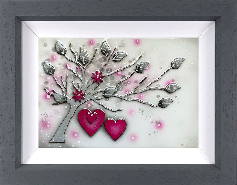 Framed mixed media original artwork by Kealey Farmer featuring a tree with gray leaves and two pink hanging hearts on white background with pink accents