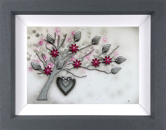 Original mixed media artwork by Kealey Farmer featuring a tree with pink flowers and hanging hearts in a grey frame