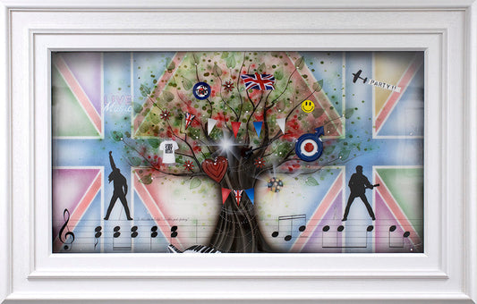 Best Of British Music mixed media artwork by Kealey Farmer with British flag and musical theme in white frame