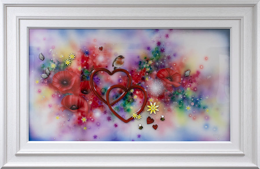 Unforgettable Original by Kealey Farmer mixed media artwork with hearts, flowers, and bird in white frame