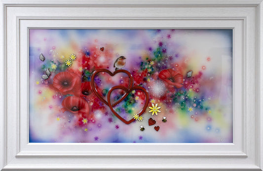 Unforgettable Original by Kealey Farmer mixed media artwork with hearts, flowers, and bird in white frame