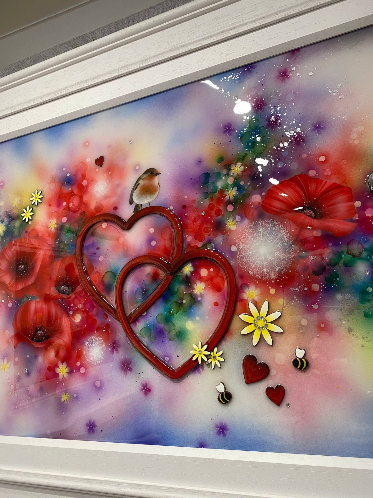 Unforgettable Original by Kealey Farmer mixed media artwork featuring hearts, flowers, and a bird in vibrant colors
