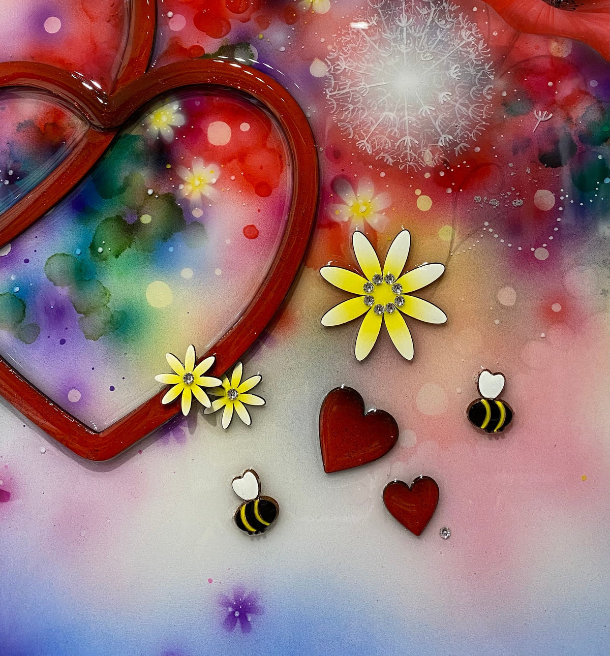 Unforgettable Original by Kealey Farmer mixed media artwork with hearts, flowers, and bees on colorful background