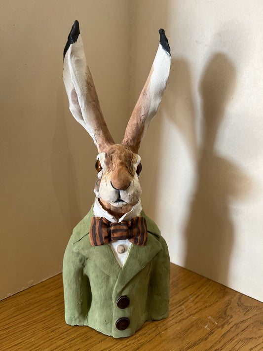 Louise Brown Hare Bust Green Jacket Original Sculpture - The Acorn Gallery, Pocklington