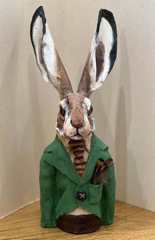 Louise Brown Hare Bust Green Jacket Original Sculpture - The Acorn Gallery, Pocklington