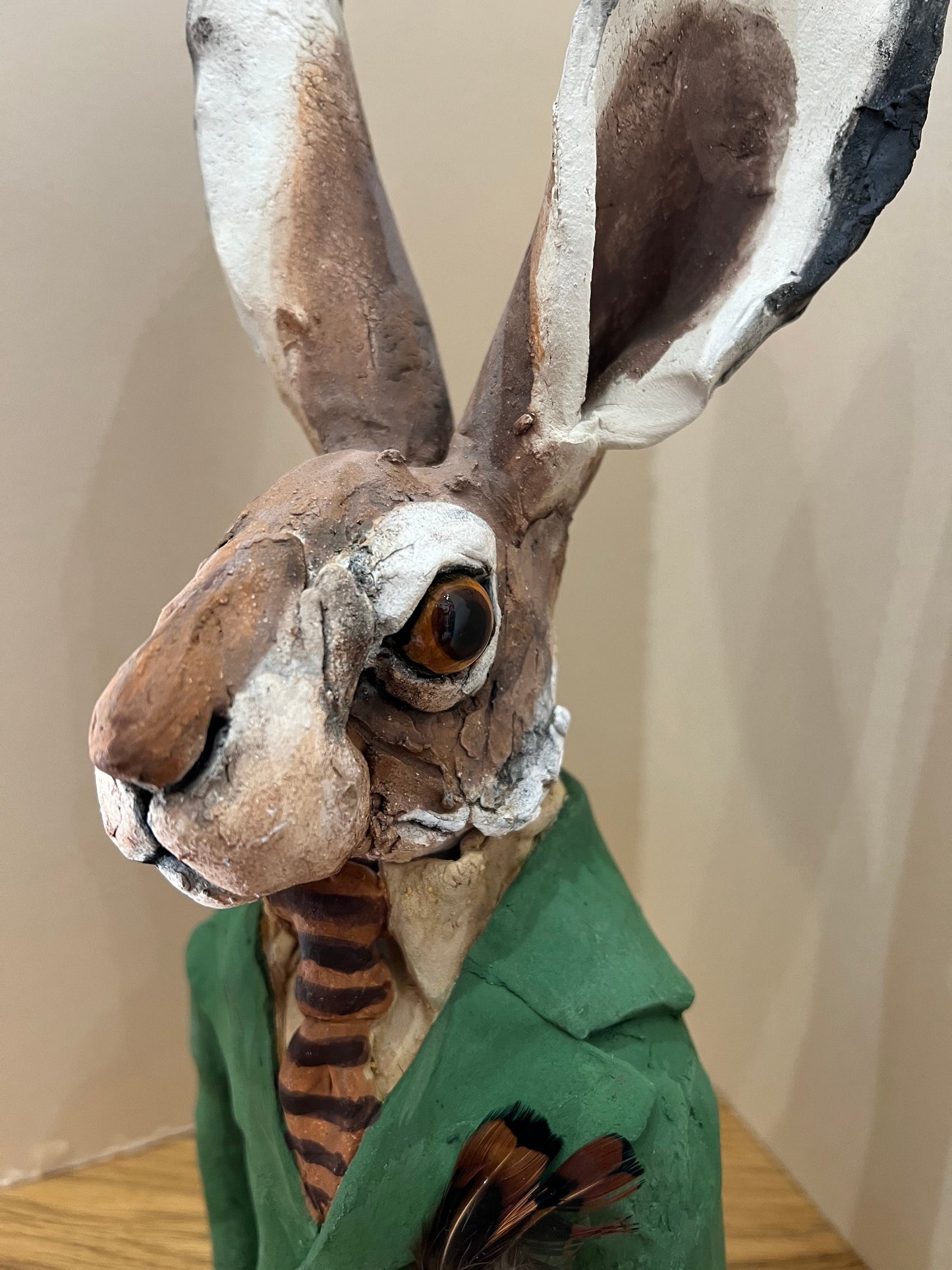 Louise Brown Hare Bust Green Jacket Original Sculpture - The Acorn Gallery, Pocklington