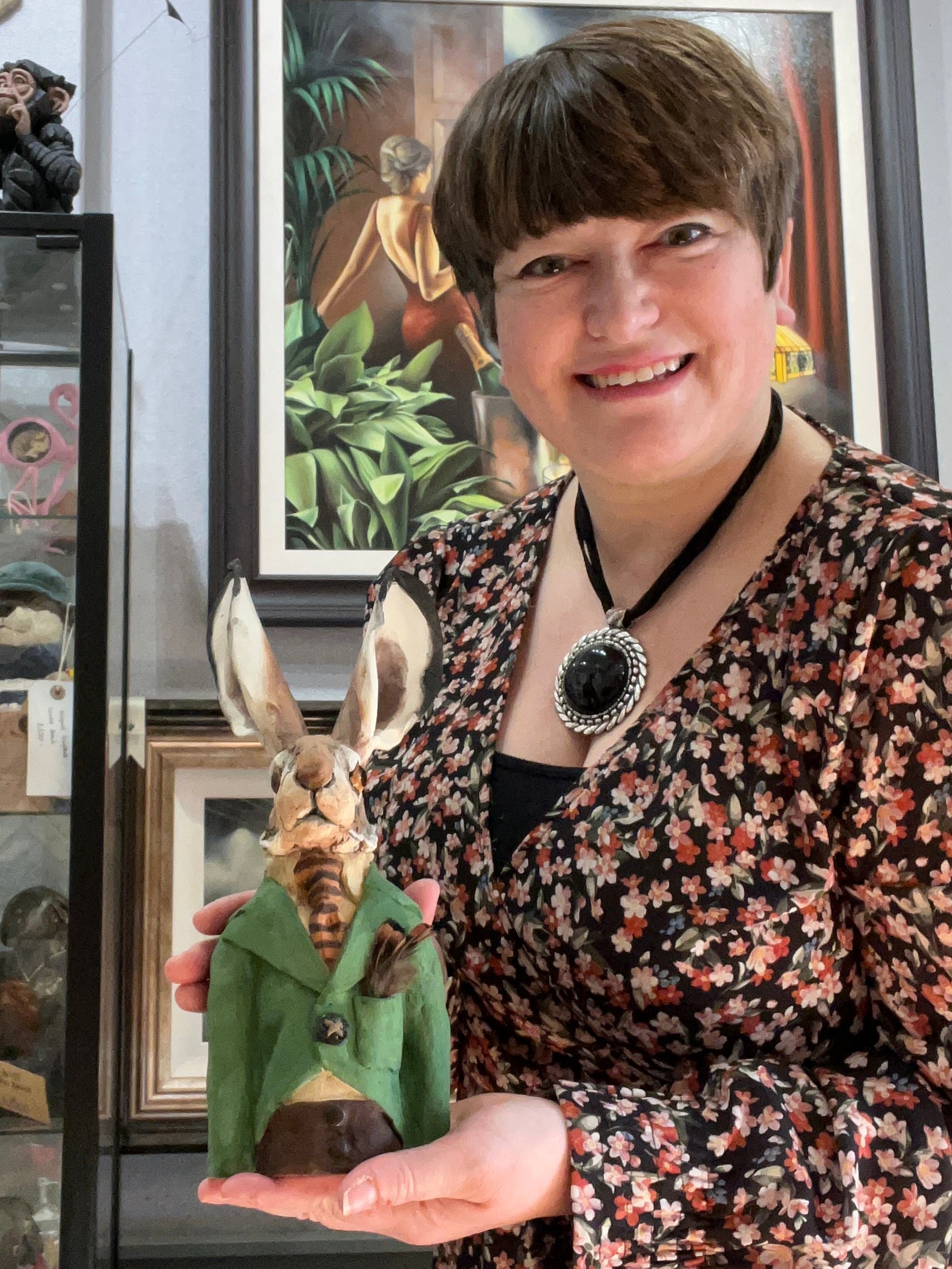 Louise Brown Hare Bust Green Jacket Original Sculpture - The Acorn Gallery, Pocklington