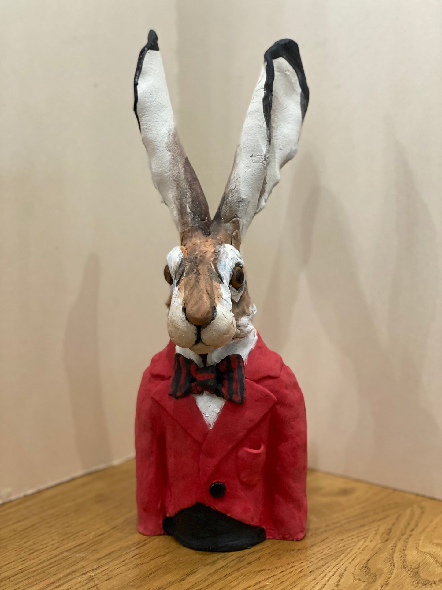 Louise Brown Hare Bust Red Jacket II Original Sculpture - The Acorn Gallery, Pocklington