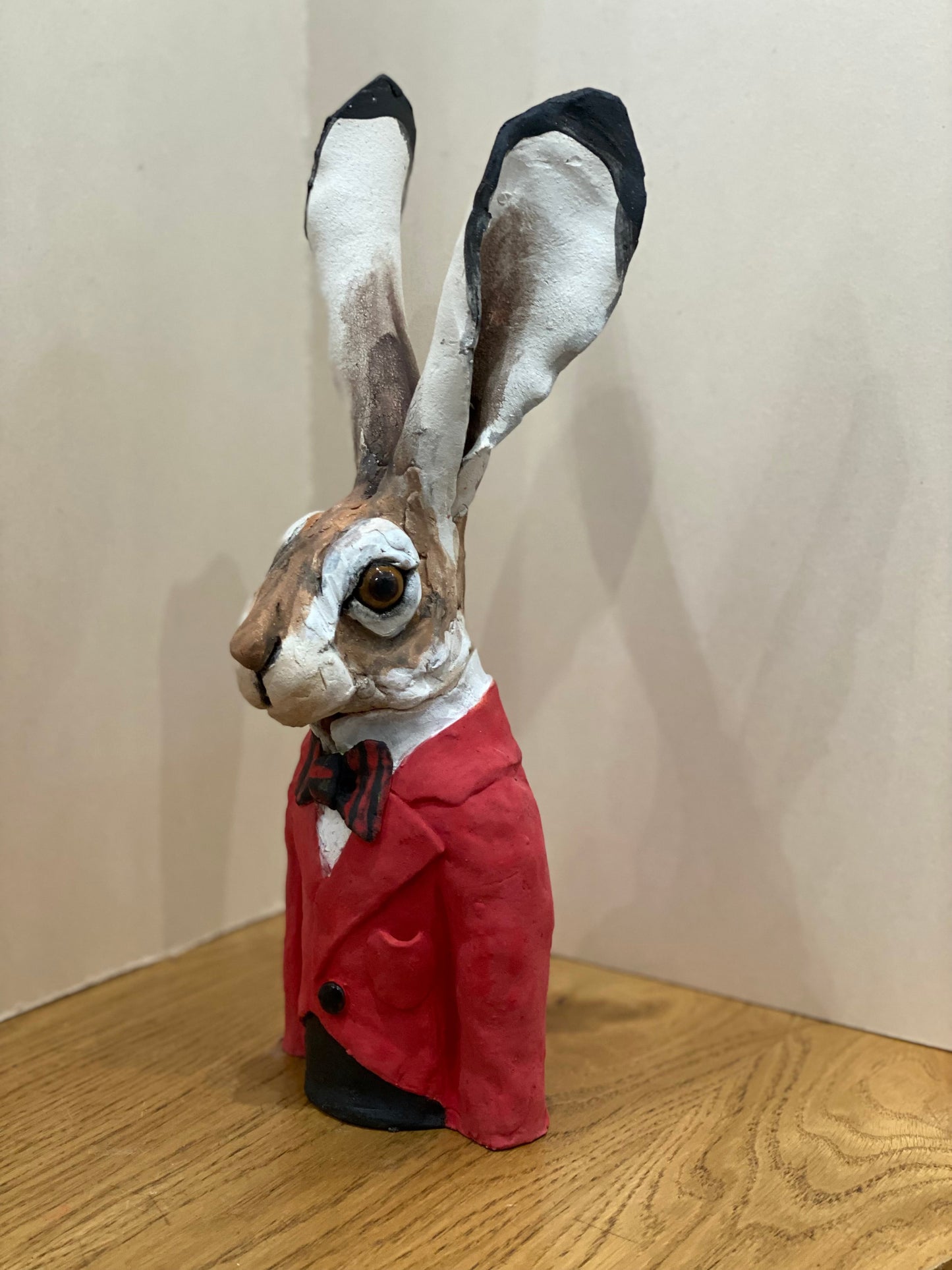 Louise Brown Hare Bust Red Jacket II Original Sculpture - The Acorn Gallery, Pocklington