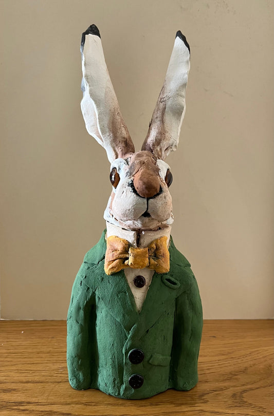 Louise Brown Hare Bust Yellow Bow Tie Original Sculpture - The Acorn Gallery, Pocklington