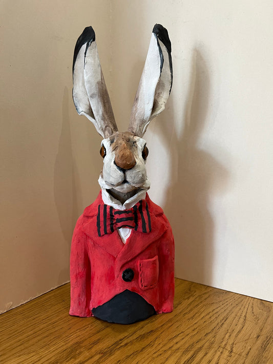 Louise Brown Hare Bust Red Jacket III Original Sculpture - The Acorn Gallery, Pocklington