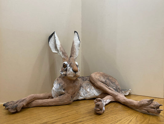 Louise Brown Lying Down Hare Original Sculpture - The Acorn Gallery, Pocklington