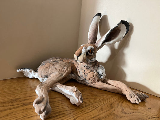 Louise Brown Lying Down Hare Original Sculpture - The Acorn Gallery, Pocklington