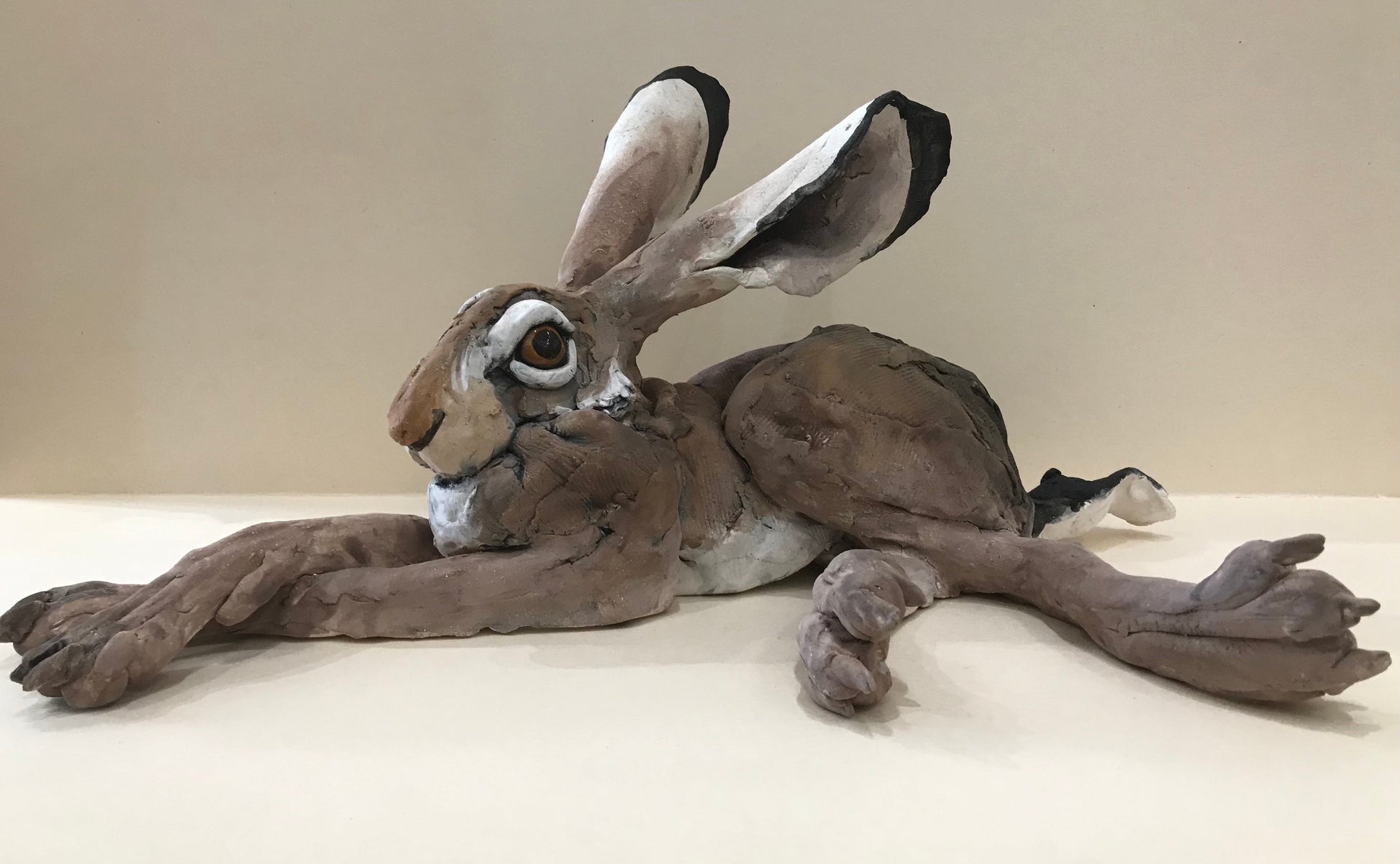 Louise Brown Lying Down Hare Original Sculpture - The Acorn Gallery, Pocklington