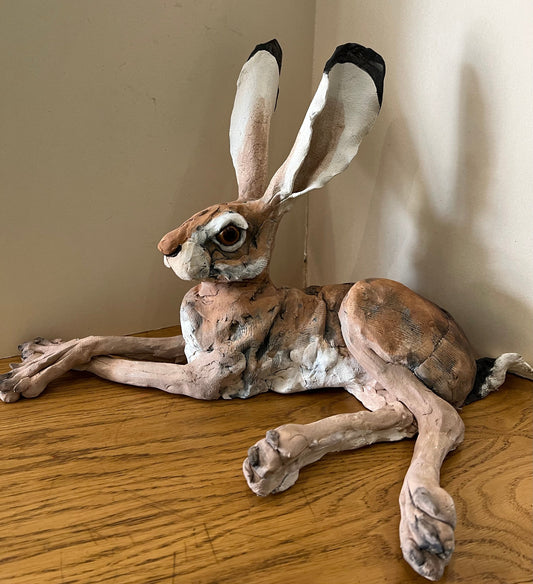 Louise Brown Lying Down Hare Ears Up Original Sculpture - The Acorn Gallery, Pocklington