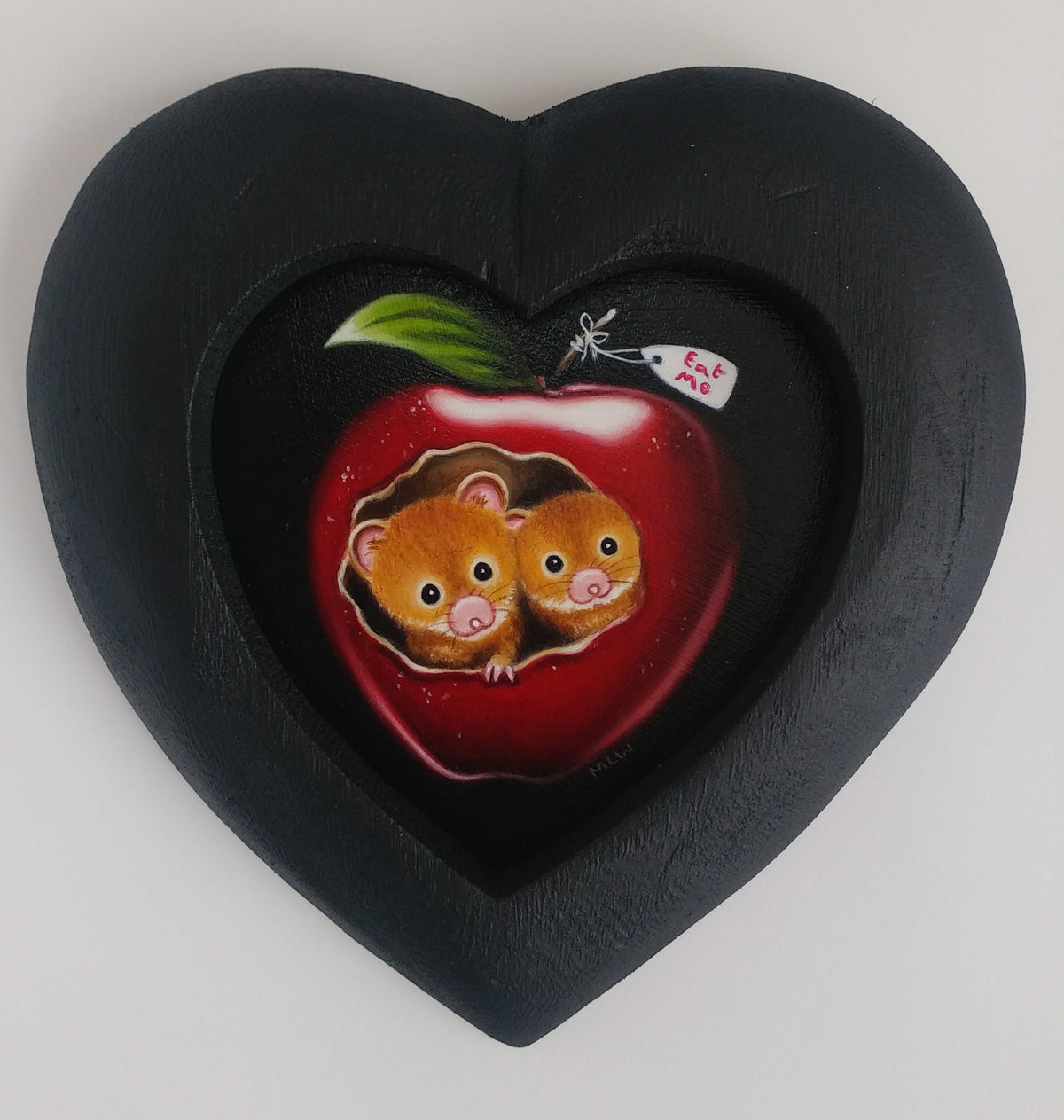Original oil painting by Marie Louise Wrightson on a black heart-shaped board, featuring a red apple with two mice.
