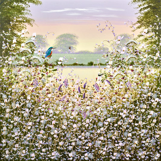 An original painting of a view through the hedgerow over open fields to a wooded landscape beyond. Painted by British artist Mary Shaw. Supplied framed. Available from The Acorn Gallery in Pocklington. Order online or call 01759 307652. 